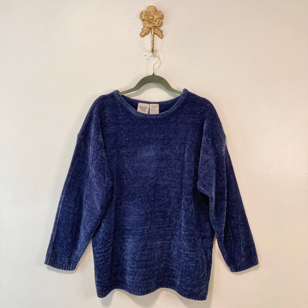Vintage 90s Blue Chenille Knit Crewneck Sweater Huntington Ridge M Grandmacore